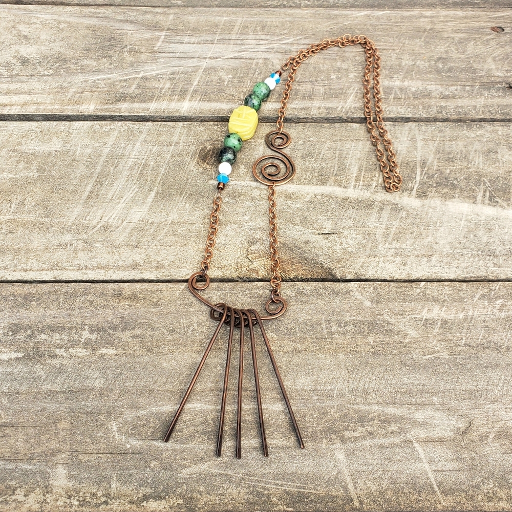 Boho Copper And Beaded Necklace, Handmade Boho Necklace